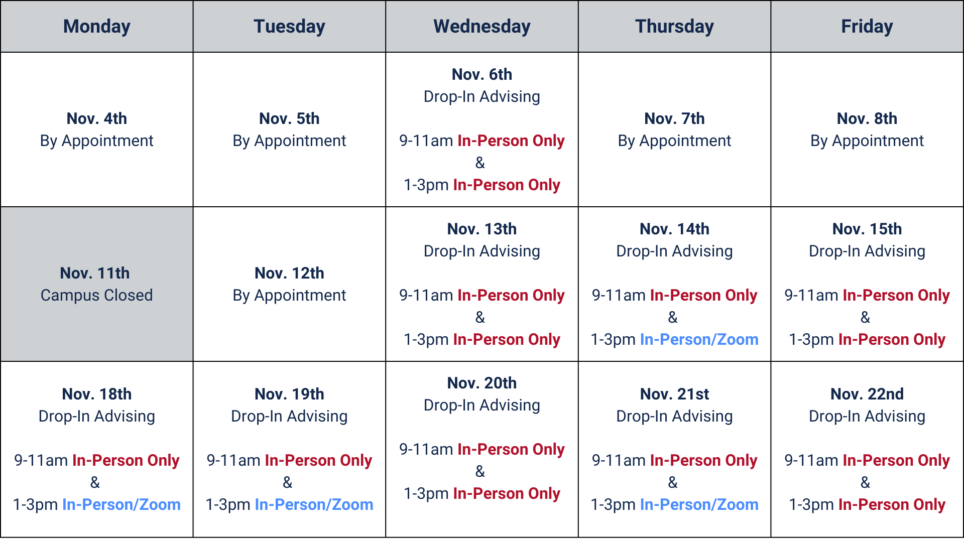 November 2024 modified drop-in advising schedule