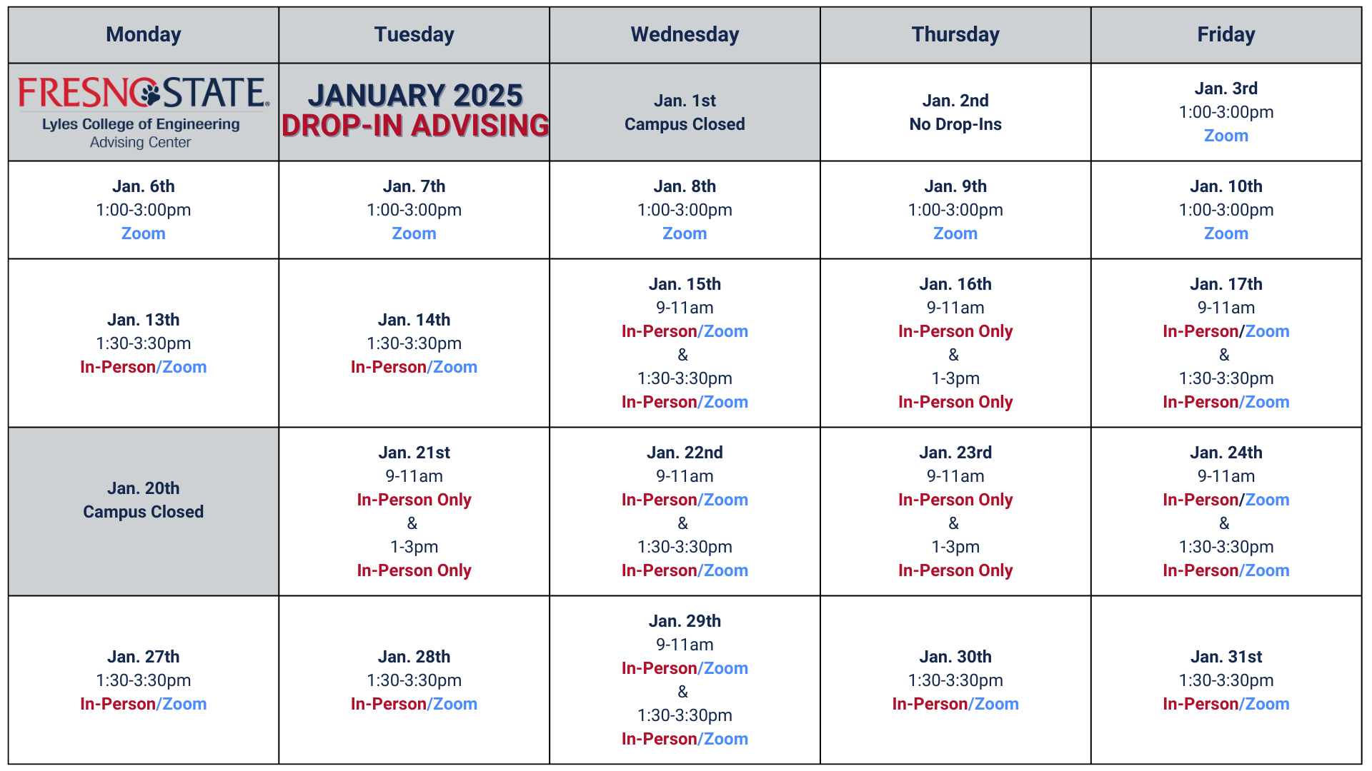 January 2025 drop-in advising schedule 