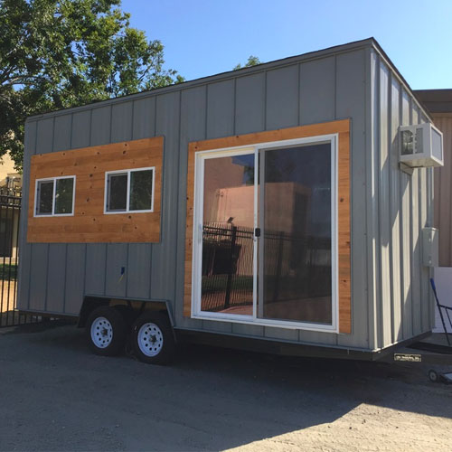 Close up view of tiny office with sliding door