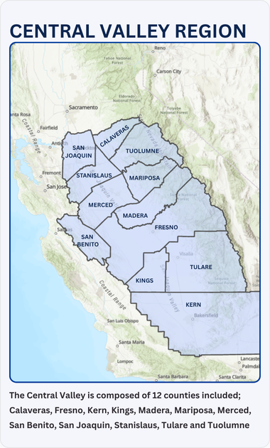 A picture of the Central Valley and the counties involved in the study.